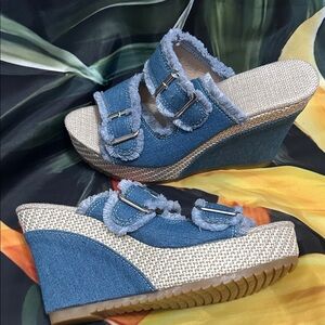 Blue Frayed Denim Wedges